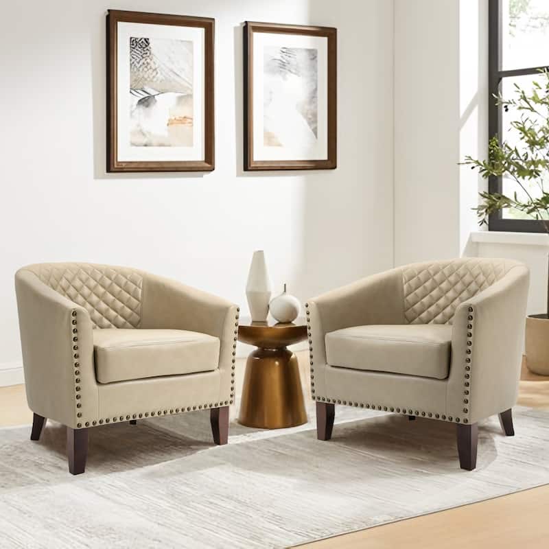 2 Set 29" W Vegan Leather Barrel Accent Chairs with Nailheads Trim - Beige