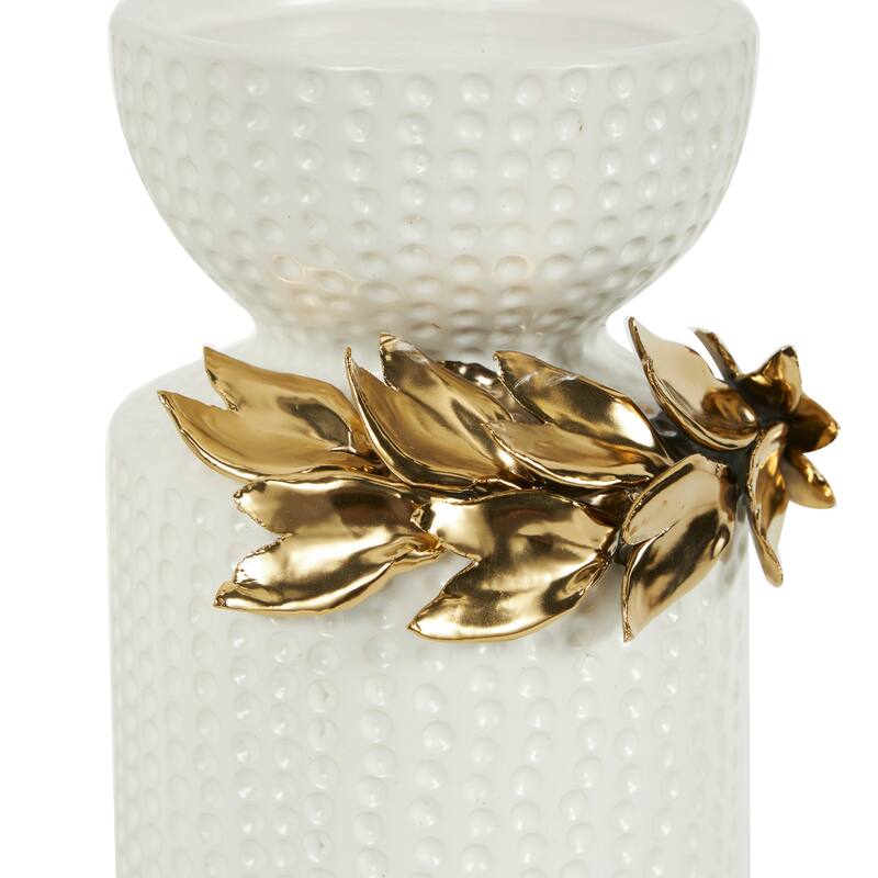 White Ceramic Candle Holder with Abstract Spotted Pattern and Gold Leaf Accents (Set of 2)