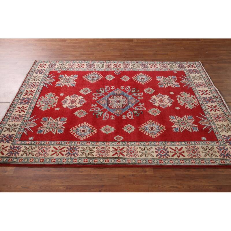 Red Geometric Kazak Area Rug Handmade Bedroom Wool Carpet - 5'0" x 6'9"