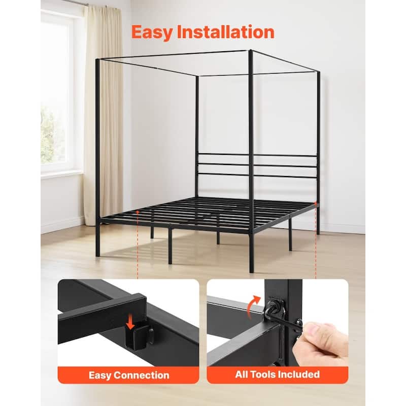 Modern Black Metal Canopy Bed Frame with 12.4 Inch Storage Clearance and Strong Weight Support