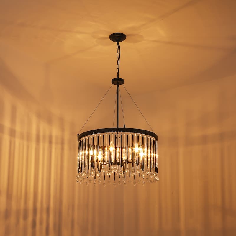 6-Light Modern Black Drum Raindrop Crystal Chandelier with Metal and Crystal Rods - 24.02 in. W x 31.5 in. H