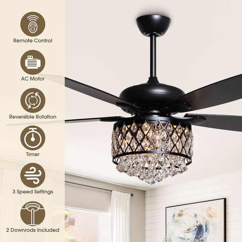 Modern 52-inch Black 5-Blade Crystal Ceiling Fan with Remote - 52 Inches