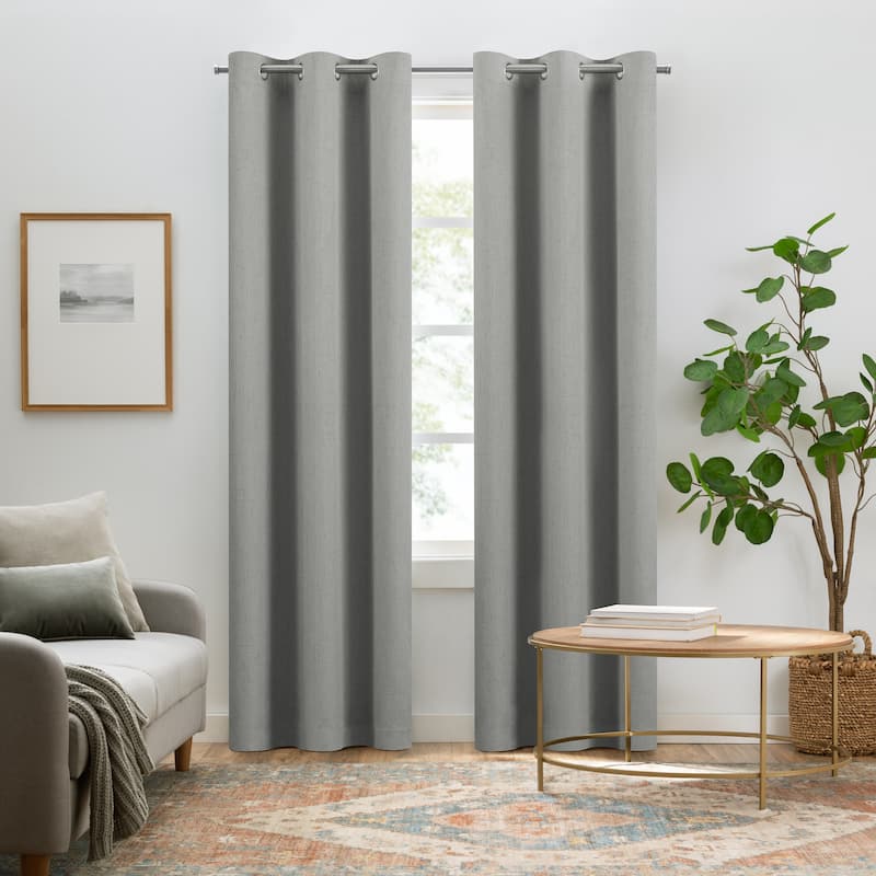 Eclipse Pembroke 100% Blackout Curtains, Faux Linen Grommet Window Curtains (2 Panels) - 84x42 - Grey