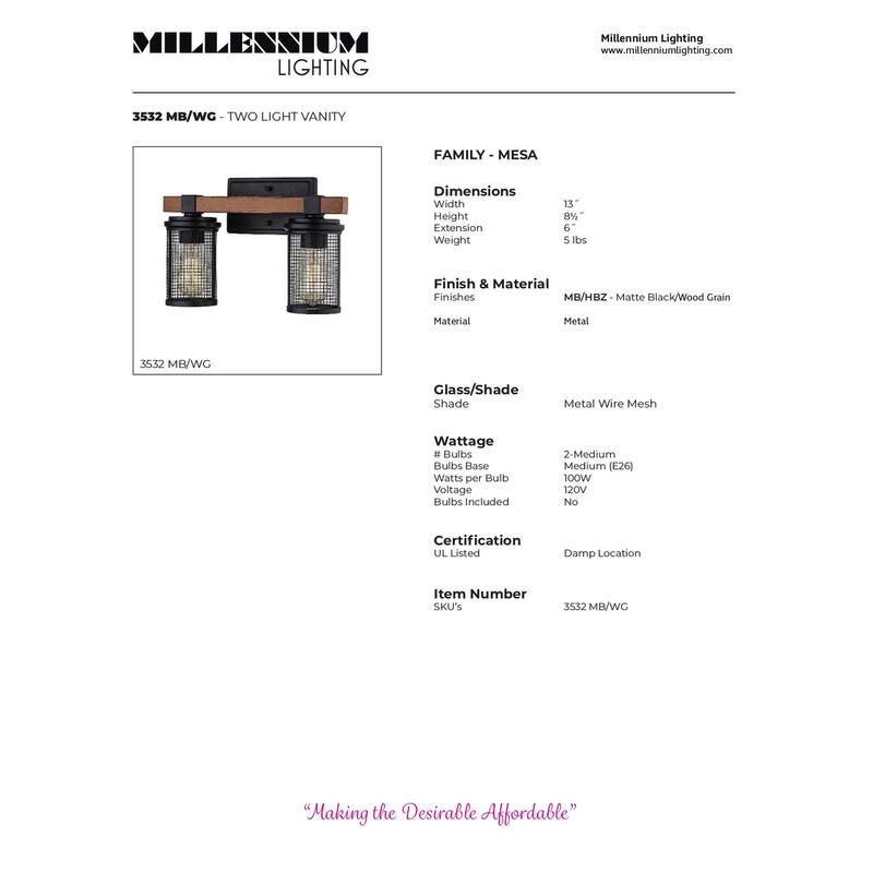 Millennium Lighting Mesa 2 Light Matte Black/Wood Grain Bathroom Vanity Fixture
