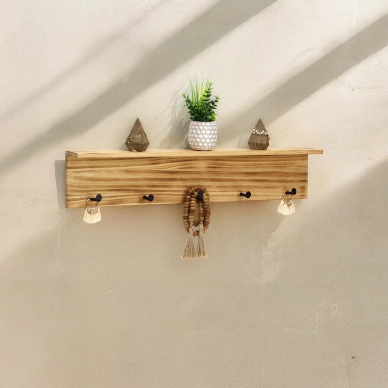 Wooden 5 Hook Hanger with Top Shelf - 29"