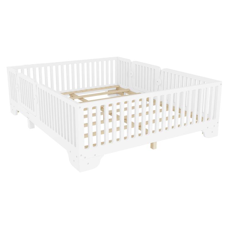 Montessori Floor Bed with Detachable Door, No Box Spring Needed, Kids Platform Bed with Slats and Fence