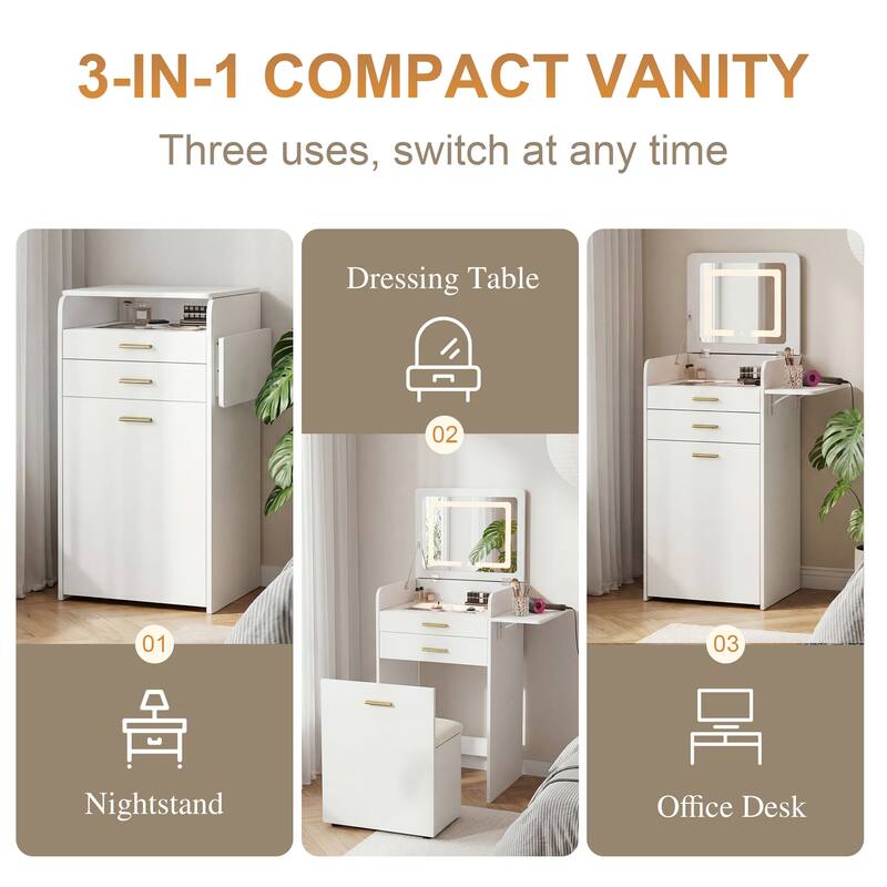 Flip-top Vanity Table,Mini Vanity,Mirror-integrated Dressing Table,All-in-one Storage Cabinet,Makeup Vanity Set with Stool