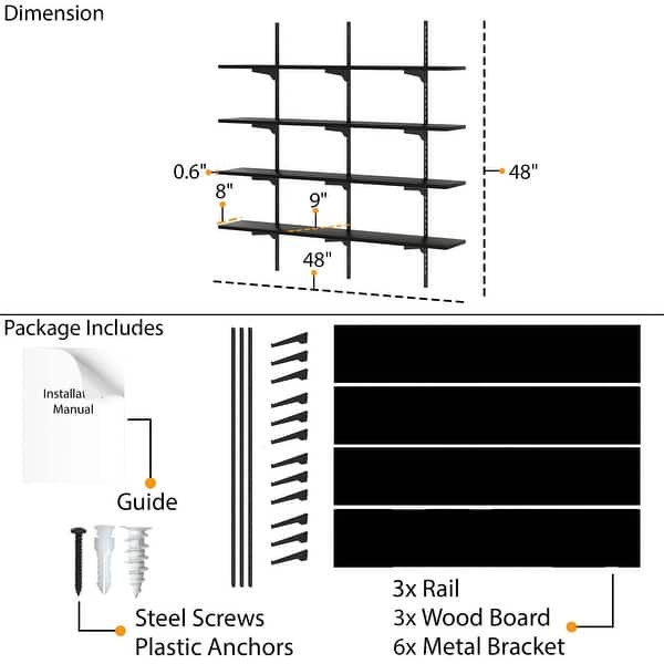 Wallniture Turin 48" Black Floating Wall Shelf with Adjustable Brackets, Hanging Shelves, Wall Mounted, Boho Decor, Tier Options