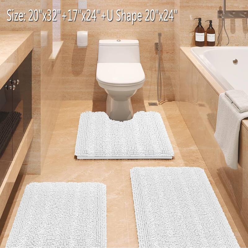 Ultra Soft Striped Non Slip Chenille Bathroom Rug Set 3 Pieces
