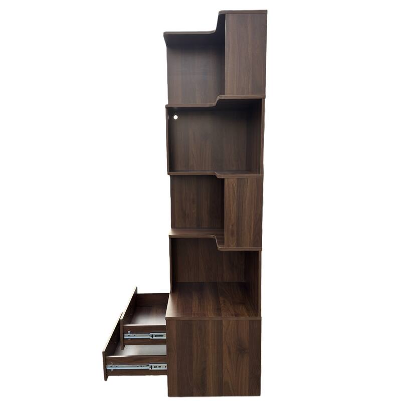 L-Shaped Corner Bookshelf with Drawers and LED Lights, 4-Tier Freestanding Display Stand for Home Office