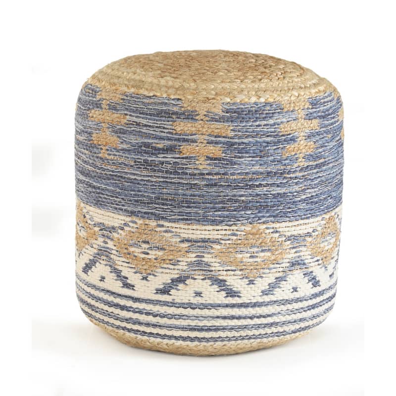 18-Inch Geometric Pouf Ottoman for Living Room or Bedroom Seating - Blue