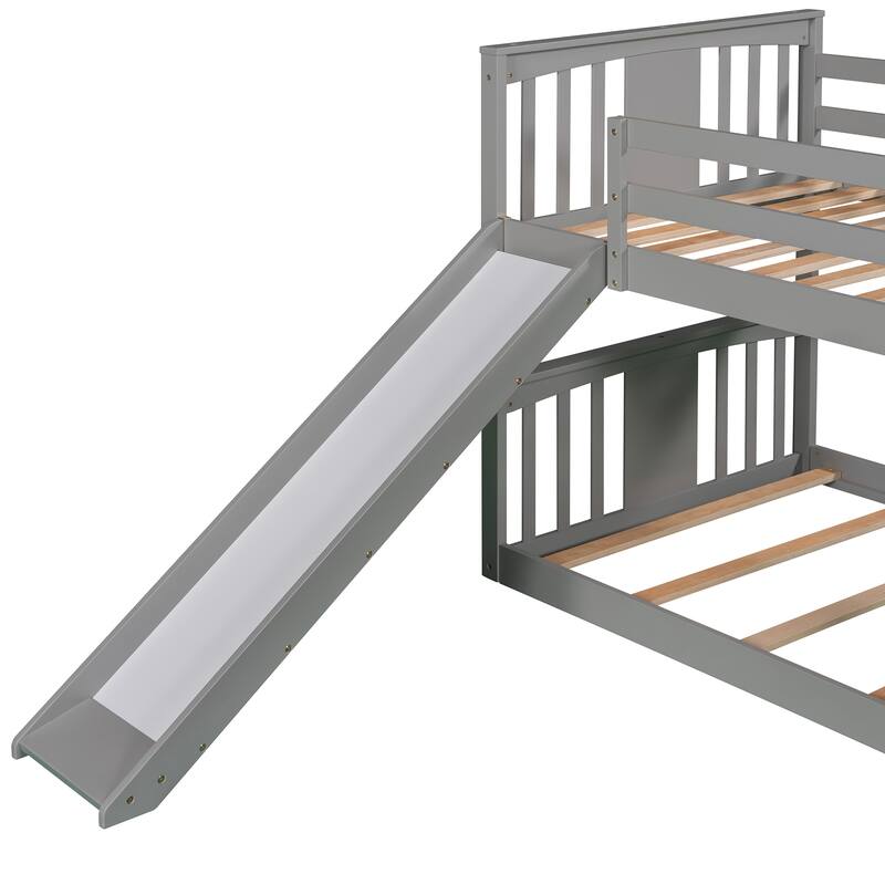 Twin over Twin Size Solid Wood Bunk Bed with Ladder, Slide and Fence for Kids, Bedroom
