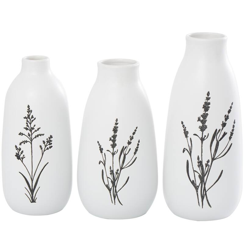 White Ceramic Decorative Vase with Black Lavender Prints (Set of 3) - 13", 11", 12"H