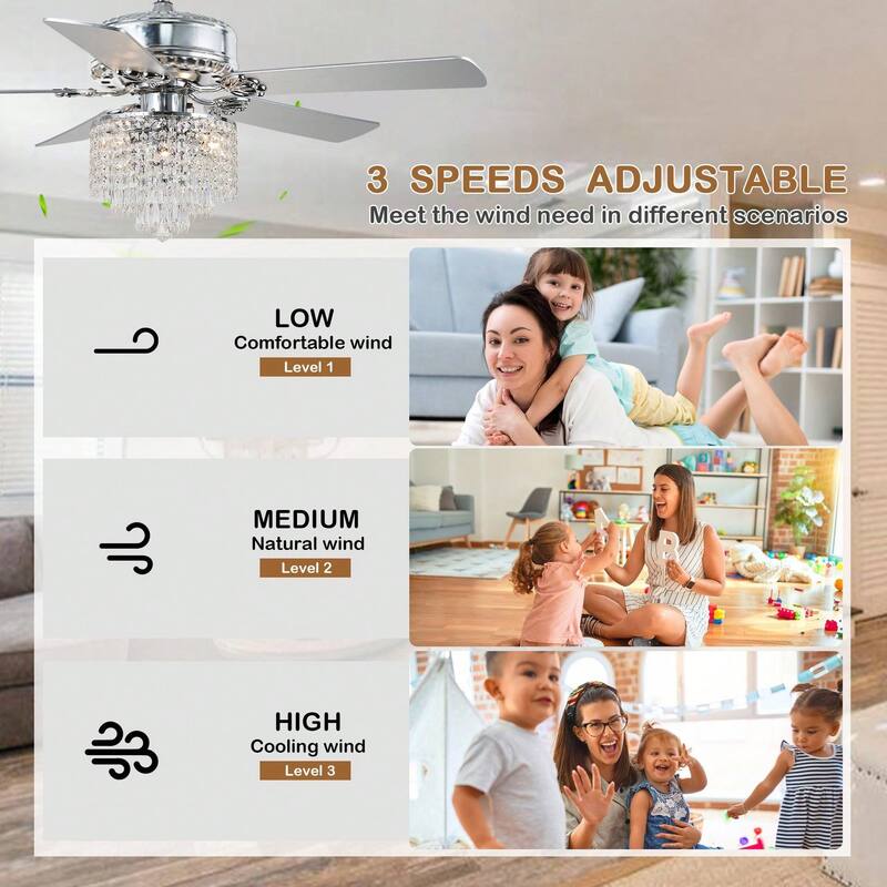 Cusp Barn 52-In Modern Crystal Chandelier Ceiling Fan with Light, Glam Silent DC Motor Dual Finish Blades Reversible Ceiling Fan