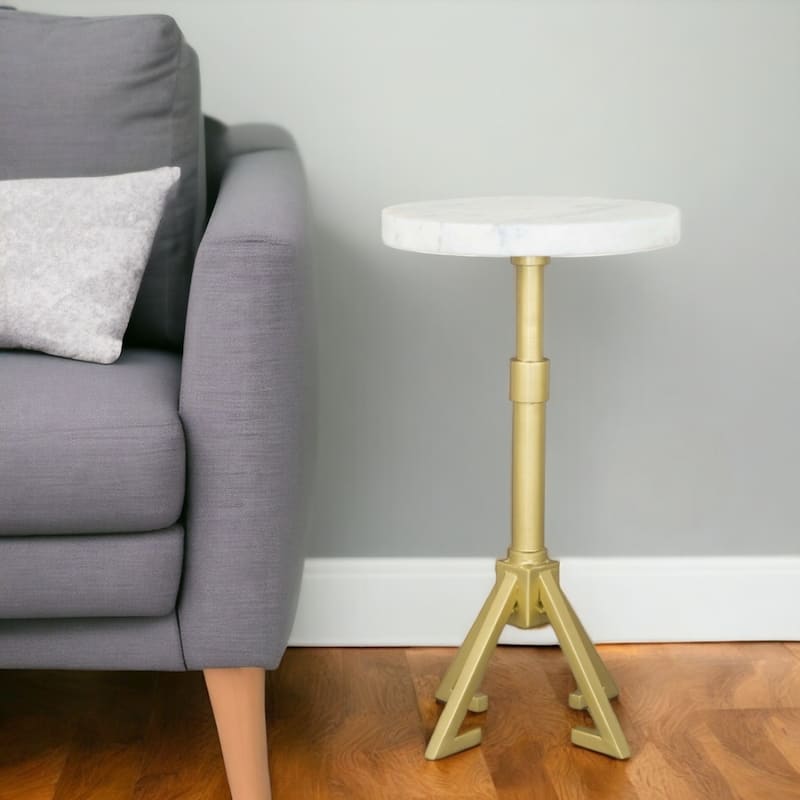 Sleek 22” Round Pedestal Side Table with White Marble Top and Gold Iron Base for Small Spaces - 22”H x 11”W x 11”L