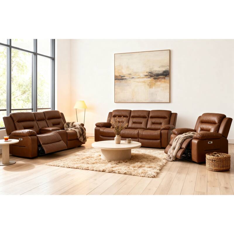 3-Piece Faux Leather Modular Design Power Recliner Sofa Set with USB & USB-C Charging - Light Brown