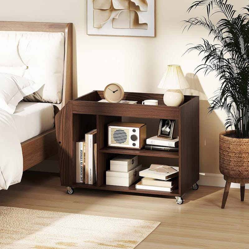 3-Tier Side Table Rolling End Table w/ Magazine Rack & Open Shelves