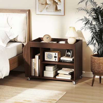 3-Tier Side Table Rolling End Table w/ Magazine Rack & Open Shelves