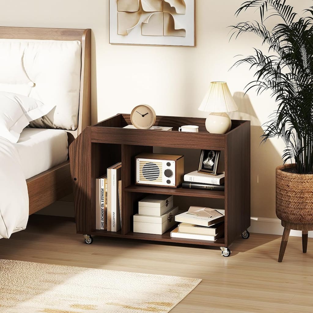 3-Tier Side Table Rolling End Table w/ Magazine Rack & Open Shelves