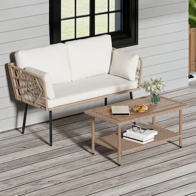 Moasis 2 Pieces Patio Furniture Set,Rattan Wicker Loveseat with Coffee Table