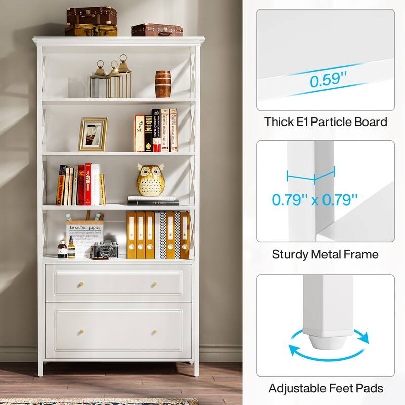 Tall Narrow Bookshelf with 2 Drawers 5 Tier Bookcase Book Shelf Organizer with Open Storage Shelves for Living Room Bedroom