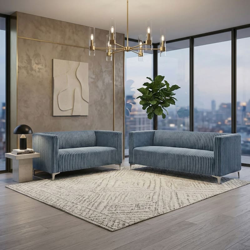 Clayfell Gavin 2-Piece Velvet Living Room Set with Loveseat and Sofa, Square Arm Design, Channel Tufted Upholstery - Blue