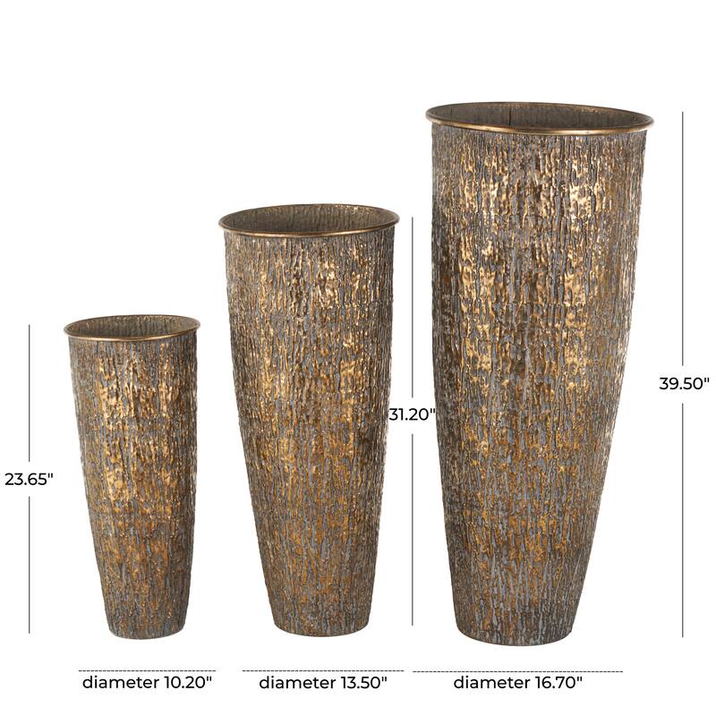 Metal Abstract Tapered Textured Floor Vase with Gray Backing - Set of 3 Brass - Roche River Decor - 17"W x 17"L x 40"H