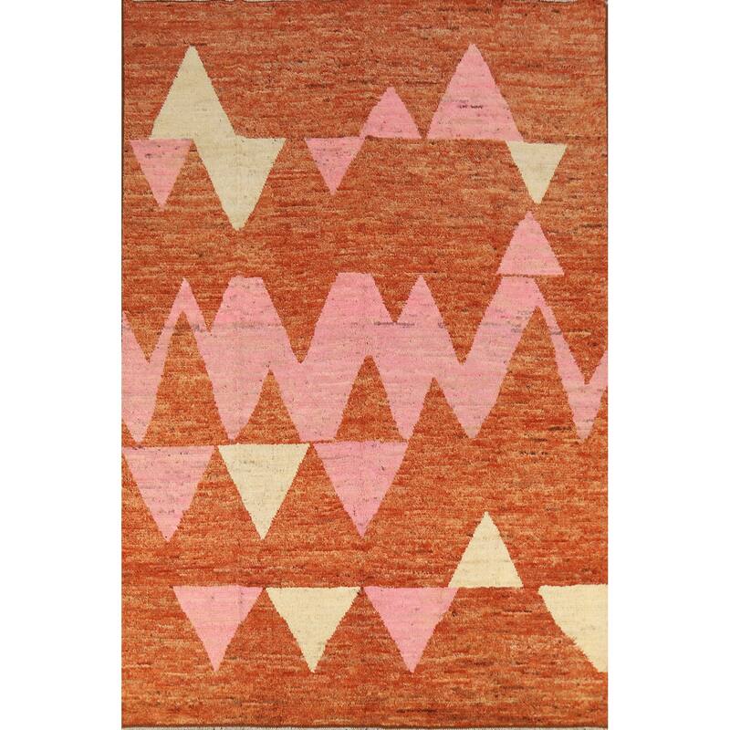 Orange Geometric Moroccan Oriental Area Rug Hand-Knotted Wool Carpet - 6'10" x 9'9"