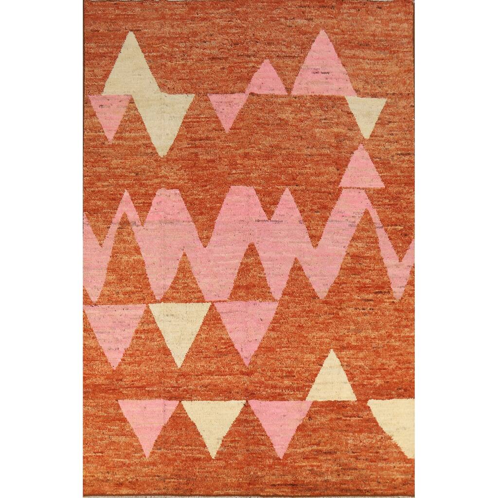 Orange Geometric Moroccan Oriental Area Rug Hand-Knotted Wool Carpet - 6'10" x 9'9"