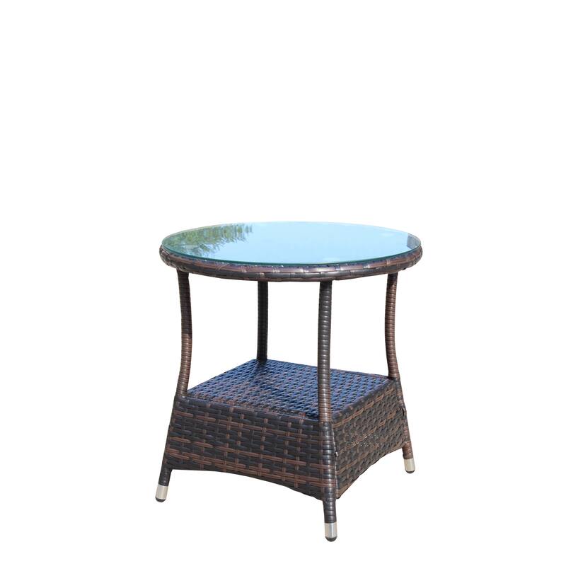 Outdoor Round Coffee Table with Clear Tempered Glass with Steel Frame