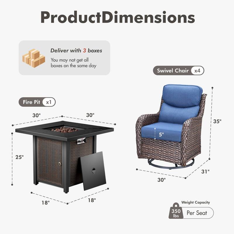 Meyreso 5-Piece Outdoor Patio Wicker Fire Pit 4 person Conversation Set with 5-Inch Thick Cushions
