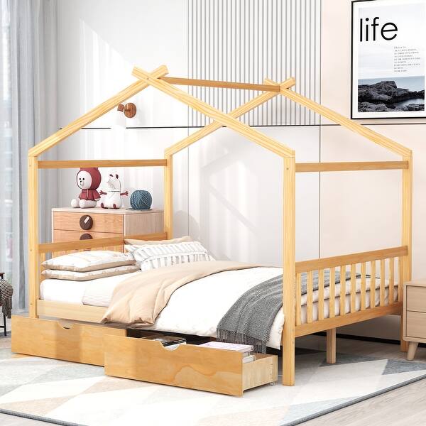 slide 2 of 22, Full Size HouseRoof Design Platform Bed With Two Drawers,Headboard And Footboard Natural