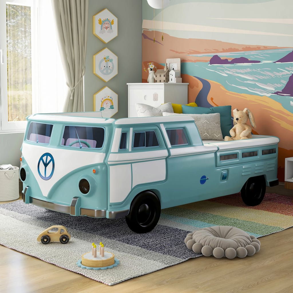 Furniture of America Bobby Novelty Twin Peace Bus Kid Platform Bed with LED Headlights and Sound Functions
