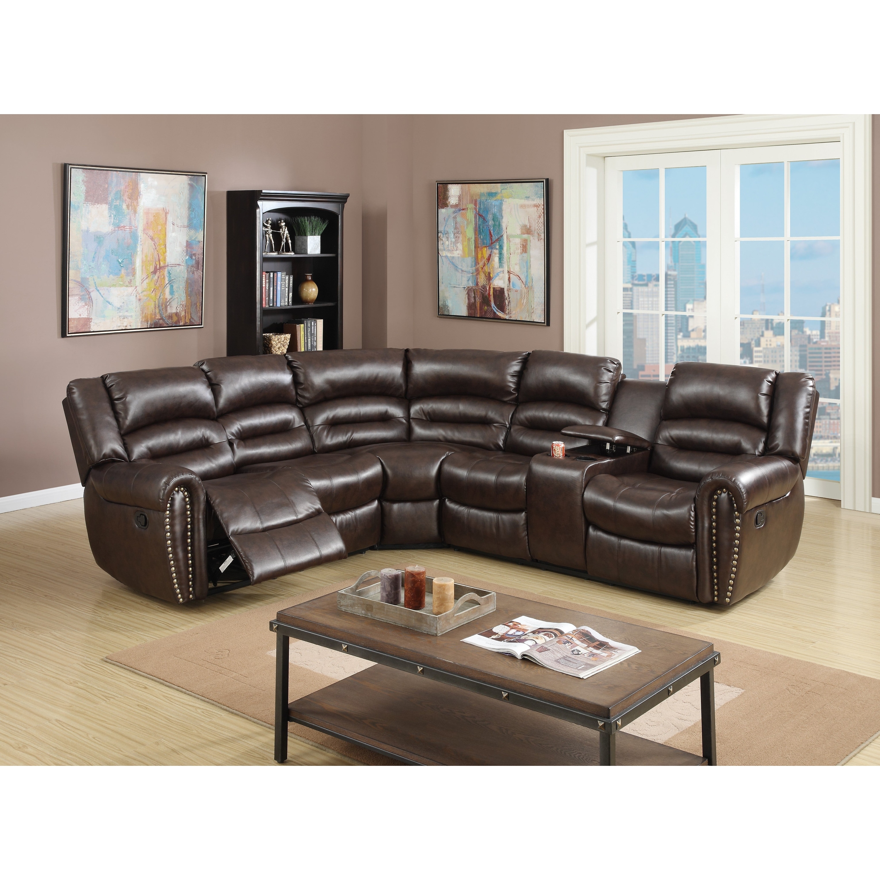 Tufted Power Sectional Set 3pc Cup Holders Storage Space Dark Brown Finish