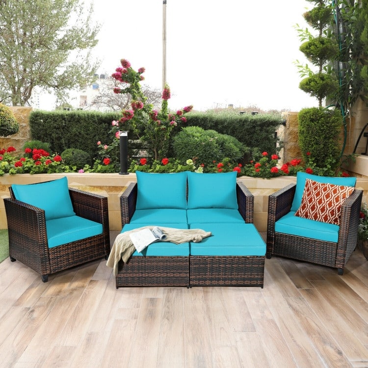 5 Pieces Patio Cushioned Rattan Furniture Set - 50" x 30.5" x 29" (L x W x H)