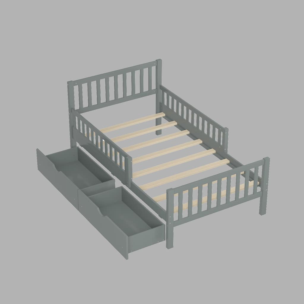 Gray Twin/Full Size Platform Bed with Safety Guardrails and Two Storage Drawers