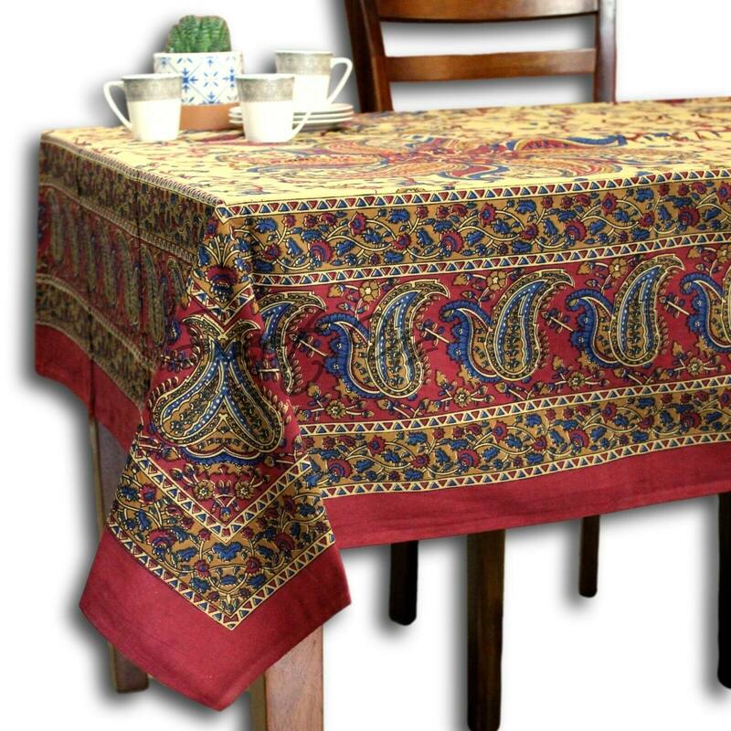 Cotton Block Print Paisley Floral Tablecloth Rectangle - 70 x 104 in - Red