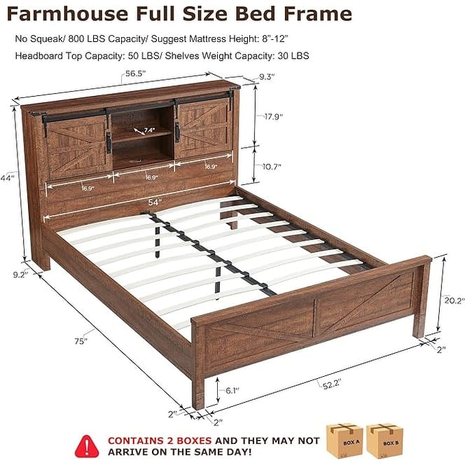 Farmhouse Full Size Bed Frame with Storage Shelves & Charging Station