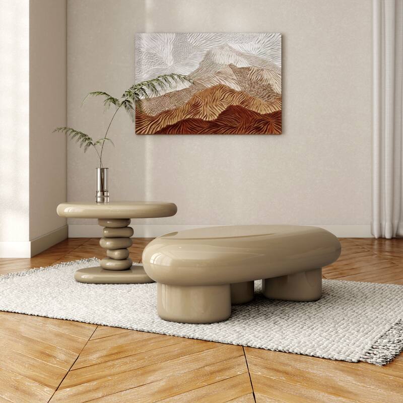 24/7 Shop At Home Modern 2-Piece Oval Glossy Low Profile Coffee Table Set - Light Brown
