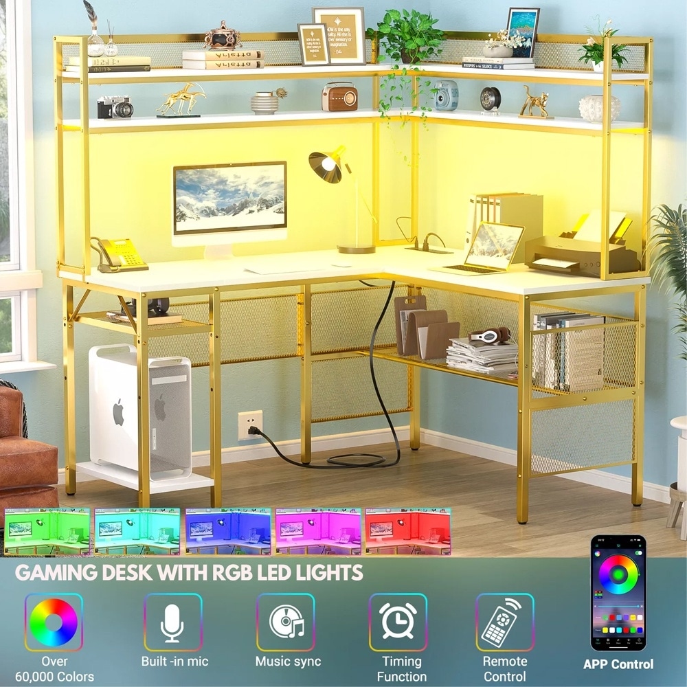 RGB LED L-Shaped Gaming Desk, Reversible, Power Strip with USB Ports, Top Storage Hutch, Moveable Monitor Stand, Under-Desk Bookshelf, White, Modern, image size:1000x1000