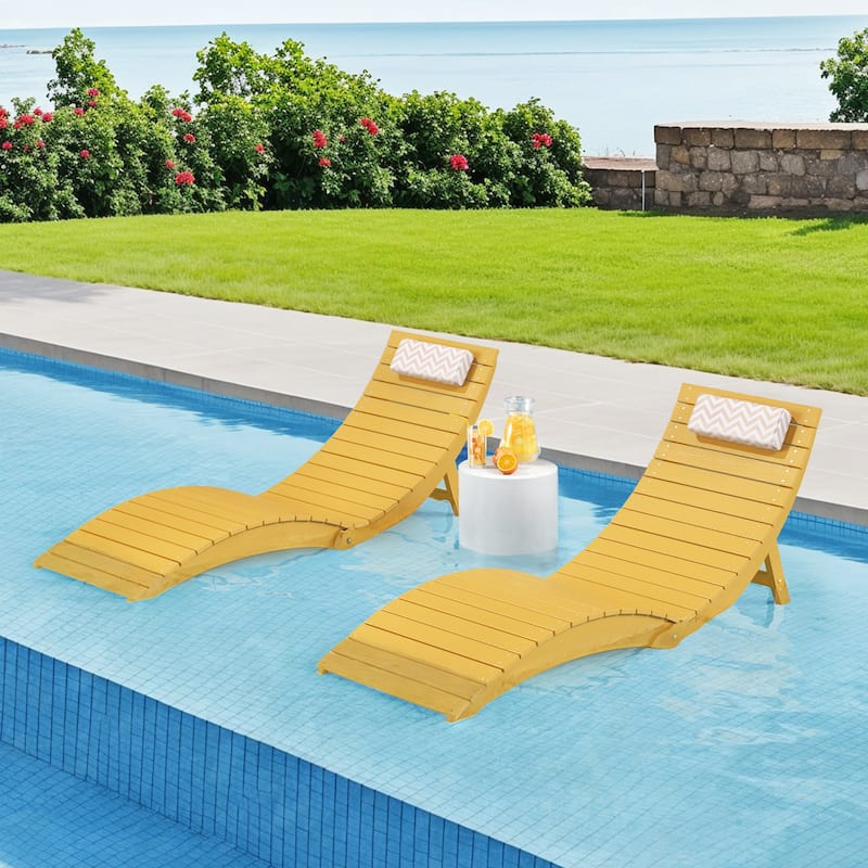 1-Piece Folding HDPS Plastic Outdoor Pool Chaise Lounge with Headrest Cushion - Yellow