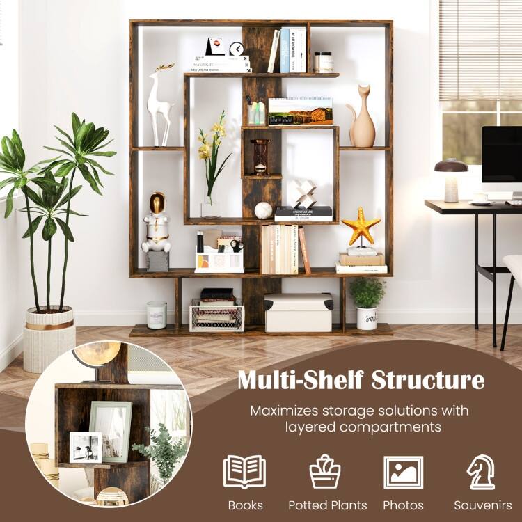 Rustic Brown 7-Tier Engineered Wood Bookshelf Modern Geometric Display Shelf with High Load Capacity - 49.5" x 8.5" x 59"