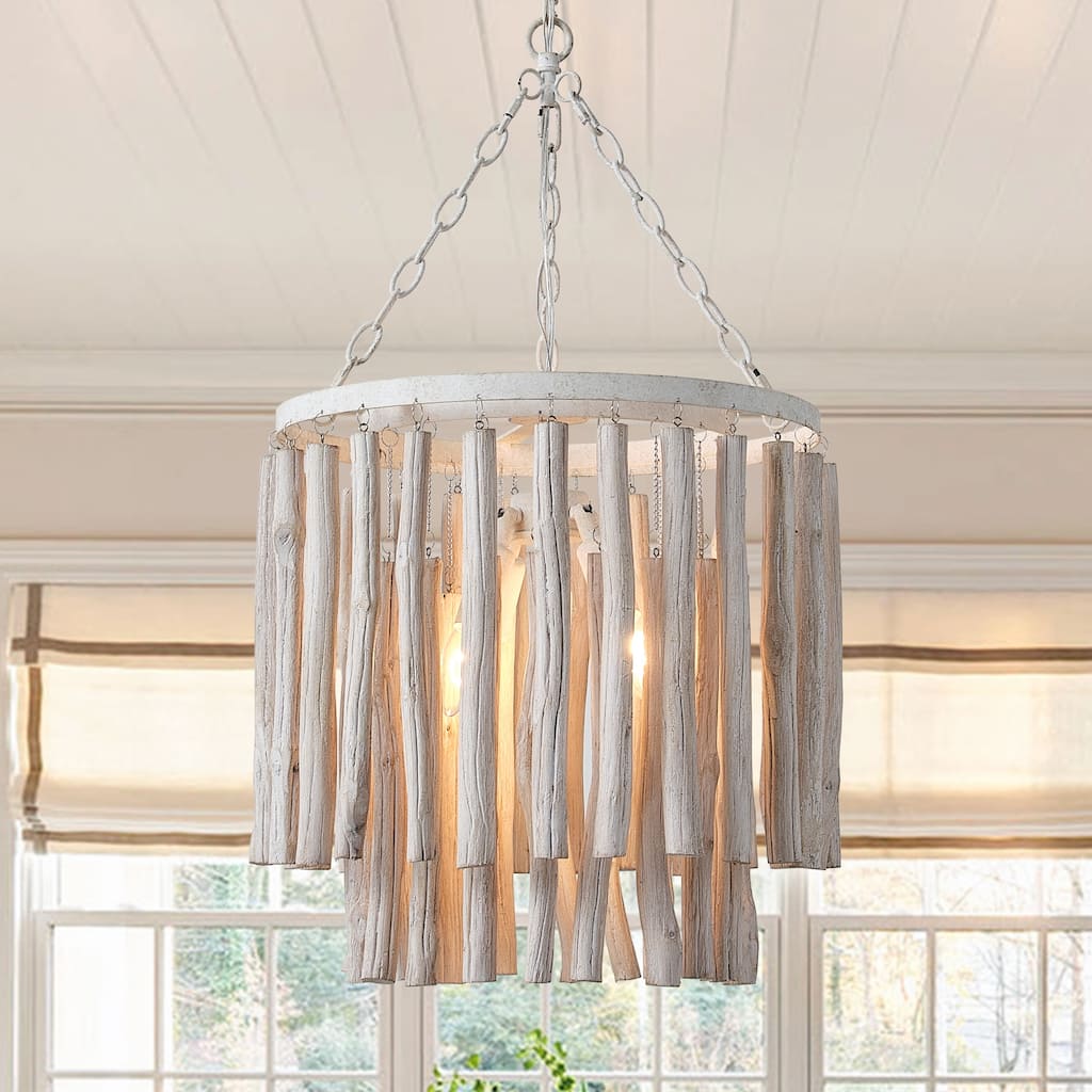 17" 4-Light Coastal 2-Tier Round Fringe White Wood Chandelier - 16.93 " D x 16.93 " W x 29.13" H