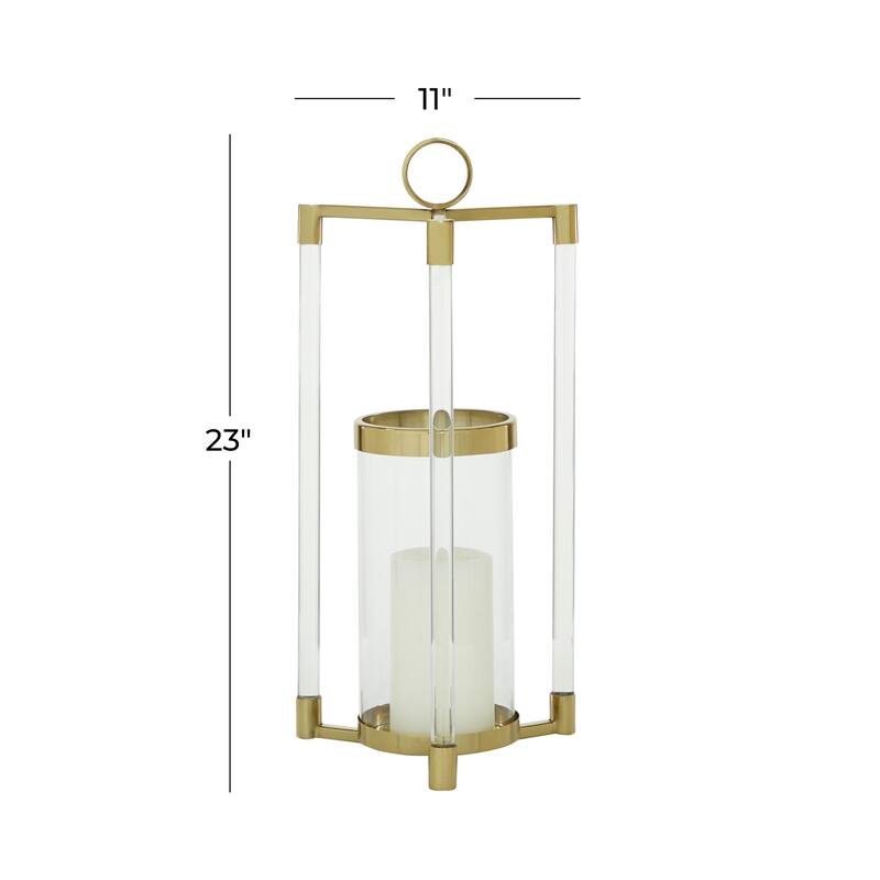 Gold Stainless Steel Metal Decorative Indoor Outdoor Candle Lantern with Acrylic Accents - 11 x 11 x 23