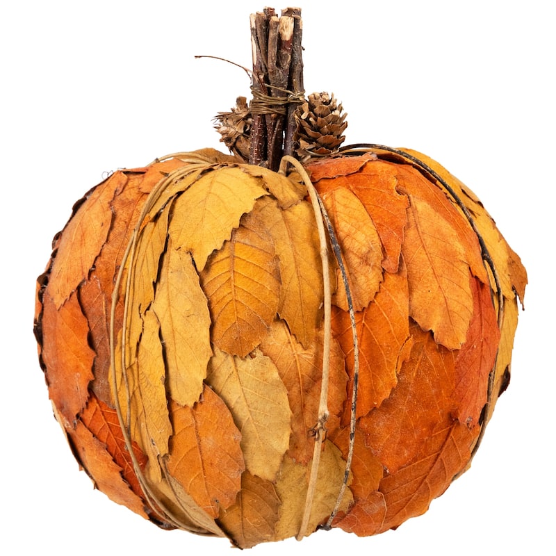 Layered Leaves and Twigs Fall Harvest Pumpkin with Pinecones - 7.5" - Orange