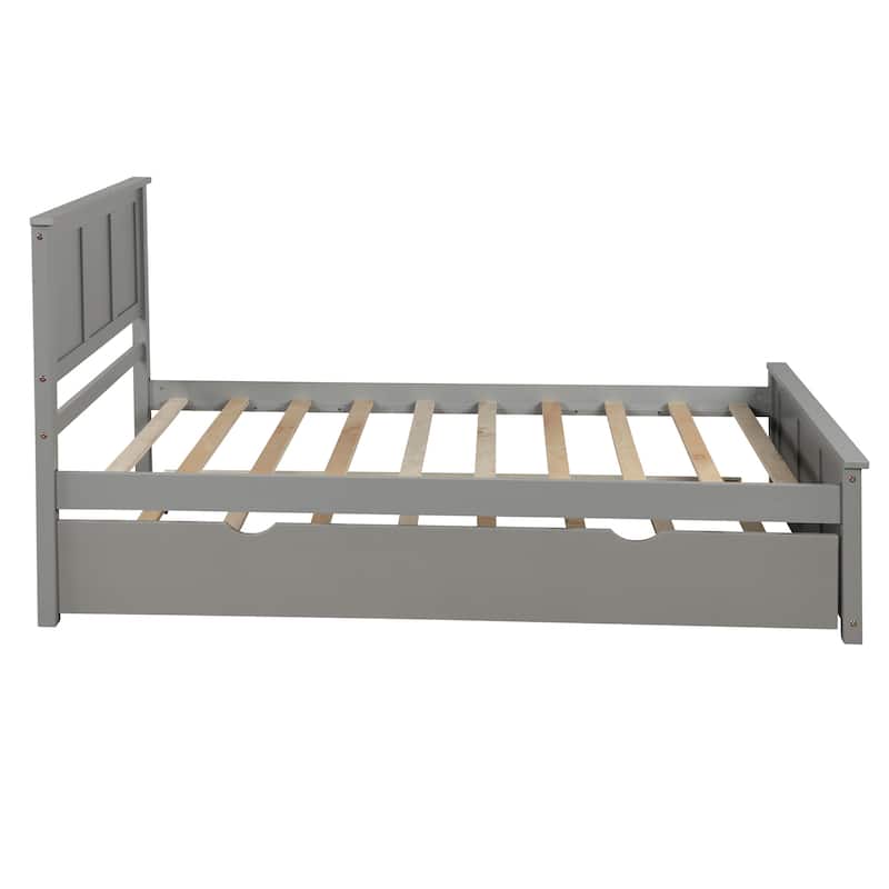Gray Twin Platform Bed with Trundle, Solid Wood and MDF Frame, Space-Saving Design