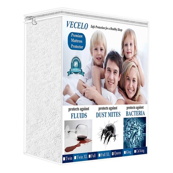 Hypoallergenic Waterproof Bed Mattress Protector/Cover, Vinyl Free, Twin/Full/Queen Size, White