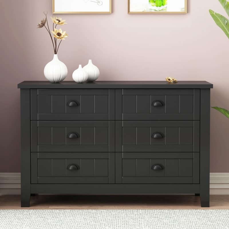Black 6 Drawer Double Dresser Bedroom Storage Cabinet - Black