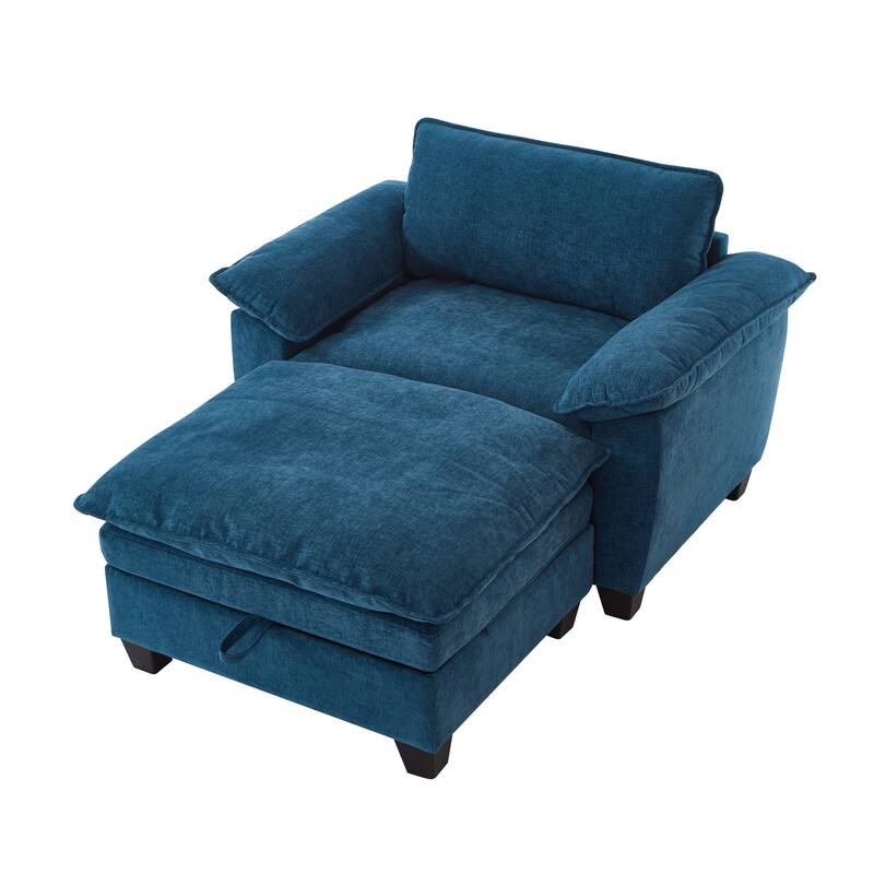 Cloud Lazy Chaise Lounge, Single Sofa Chair & Storage Ottoman Set of 2, Oversize Chenille Upholstered Lounge Sleeper Sofa