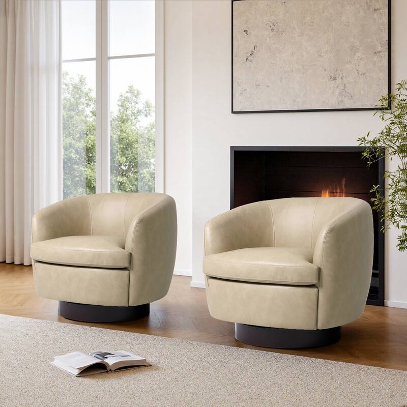 PU Upholstered Swivel Barrel Accent Chair With Wood Base (Set of 2)